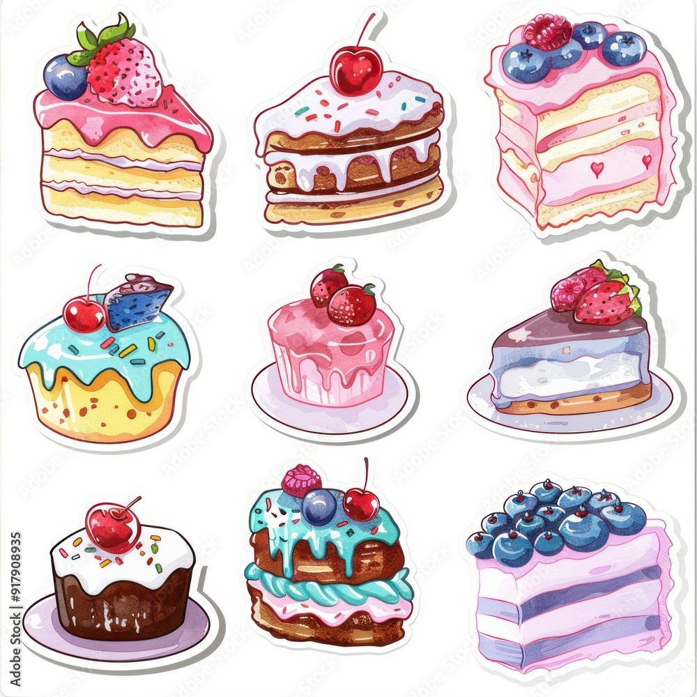 Cartoon-style watercolor stickers set featuring delicious cakes and pastries on a white background.
