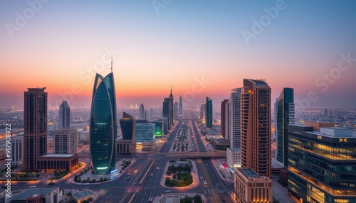 Aerial view of a modern city at sunrise with towering skyscrapers and a colorful sky, capturing the peaceful start of a new day in the urban jungle.