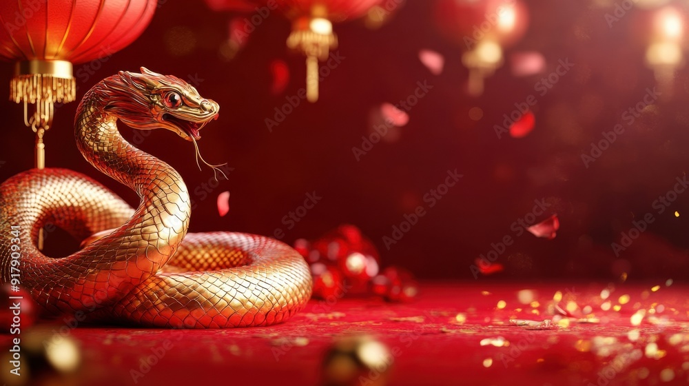 golden snake on red chinese background, Celebration of the Chinese New Year, 2025 year of the Snake golden snake on red chinese background, Celebration of the Chinese New Year, 2025 year of the Snake