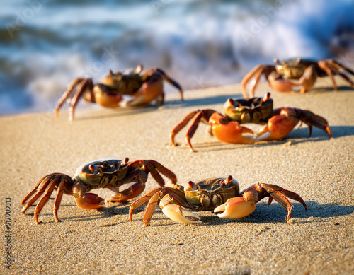 Many crabs on the beach sand photo