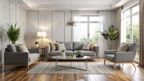 Modern minimalist living room with sleek gray sofa, matching armchair, and glass coffee table, set against creamy white walls and dark hardwood floors.