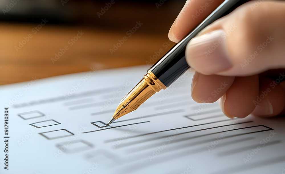 A close-up view of a hand holding a pen, checking a box on a form. Perfect for illustrating tasks and organization. A close-up view of a hand holding a pen, checking a box on a form. Perfect for illustrating tasks and organization.
