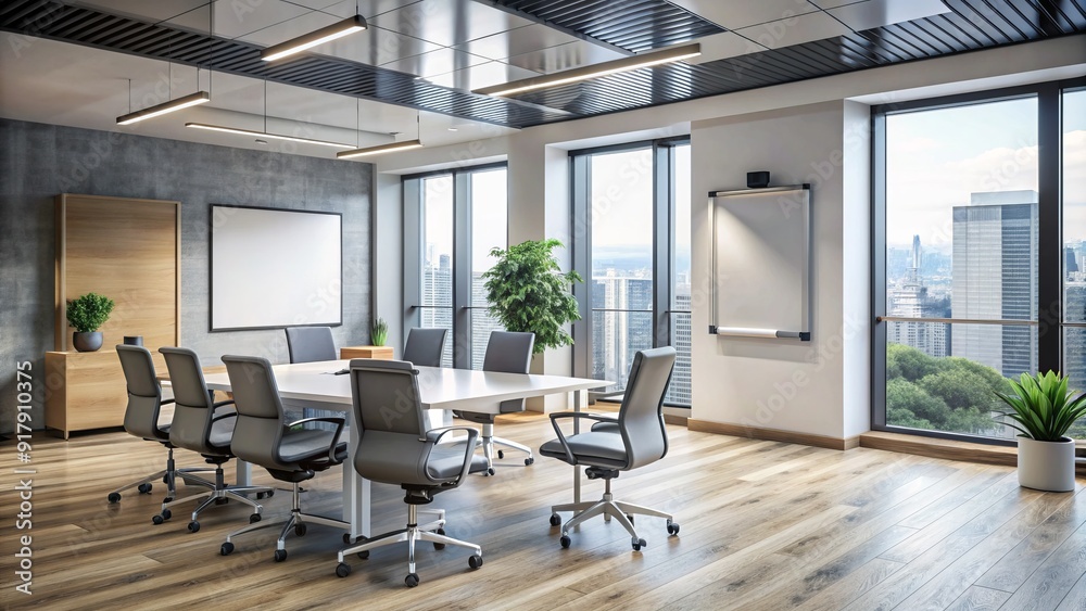 Modern office interior with a blank whiteboard, empty chairs, and a doorway, symbolizing a starting point for new ideas and challenging existing assumptions.