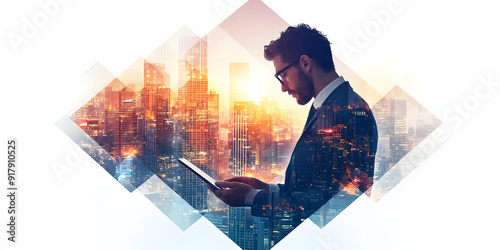 A businessman using a tablet while surrounded by a vibrant cityscape. Perfect for themes of technology and urban lifestyle. photo