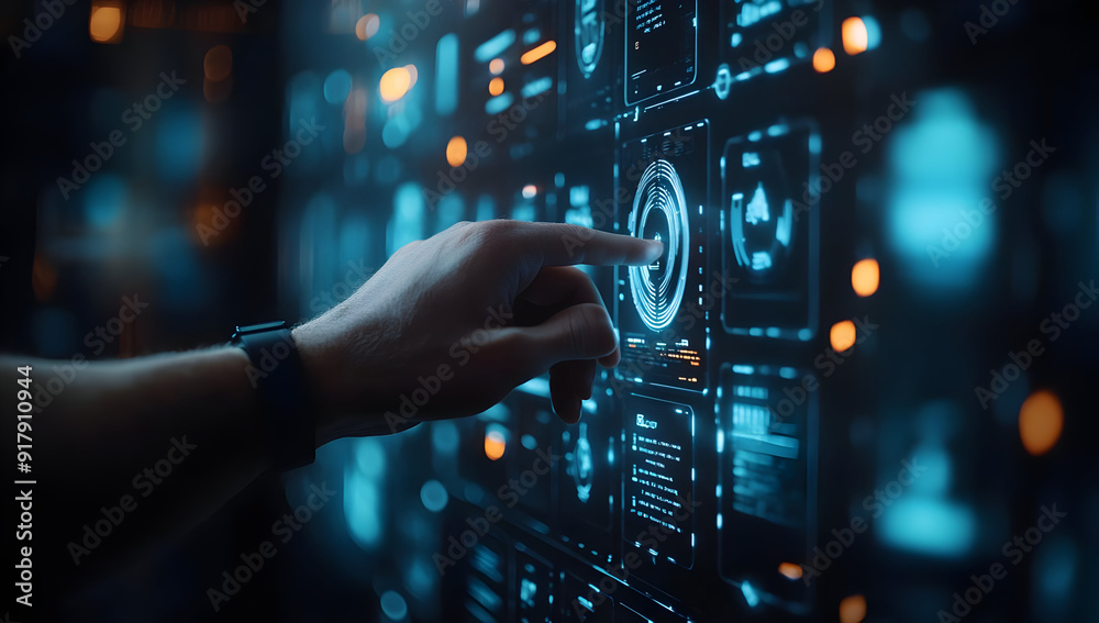 A hand interacting with a futuristic touchscreen interface featuring vibrant digital displays and glowing icons. A hand interacting with a futuristic touchscreen interface featuring vibrant digital displays and glowing icons.