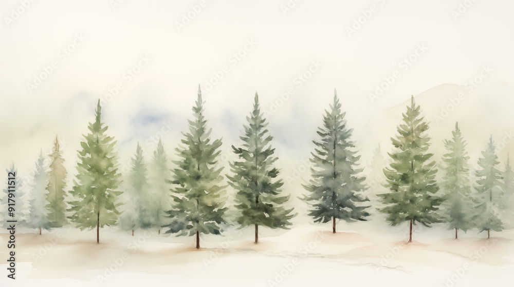 Tranquil Watercolor Christmas Card with Snowy Evergreen Trees - Plenty of Text Space for Greetings in Winter Scene Tranquil Watercolor Christmas Card with Snowy Evergreen Trees - Plenty of Text Space for Greetings in Winter Scene