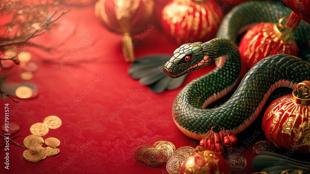 Statue of a snake and Chinese lanterns. Celebration of the Chinese New Year, 2025 year of the Snake Statue of a snake and Chinese lanterns. Celebration of the Chinese New Year, 2025 year of the Snake