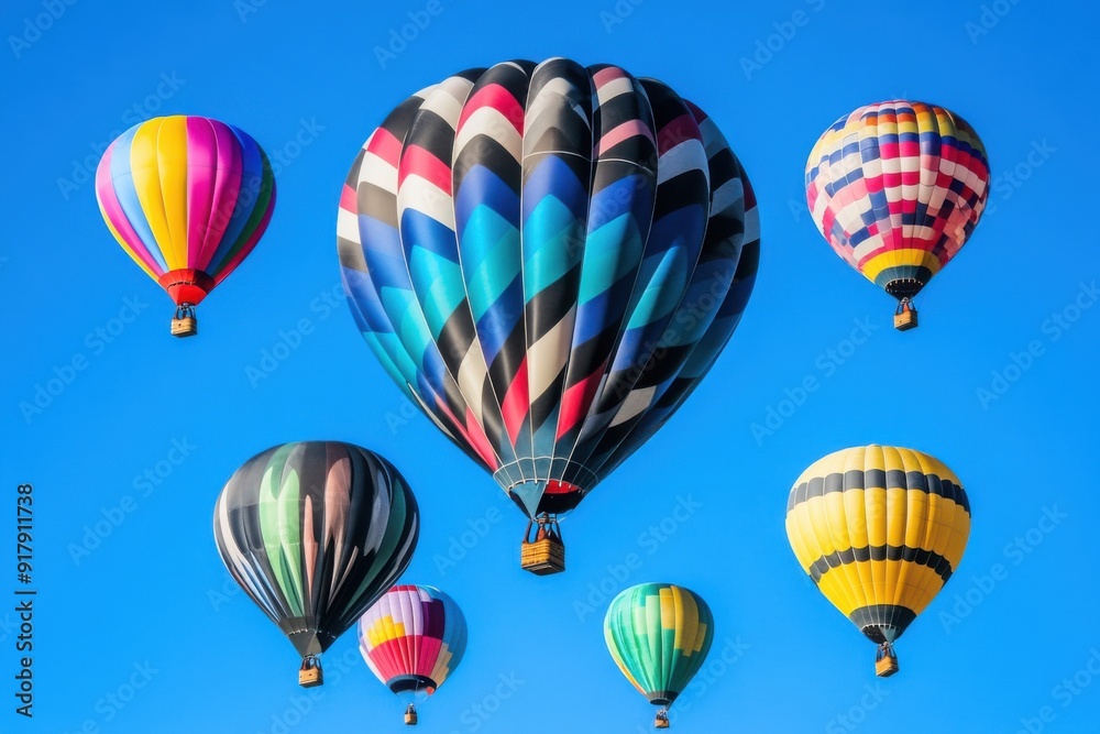 A group of colorful hot air balloons floating in the sky. In the center of the photo is one large striped dark blue balloon surrounded by smaller colorful balloons. A group of colorful hot air balloons floating in the sky. In the center of the photo is one large striped dark blue balloon surrounded by smaller colorful balloons.