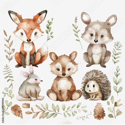 Cute baby fox deer and rabbit and hedgehog animal nursery rabbit and bear isolated on white, vector illustration of cartoon animals, autumn theme, leaves