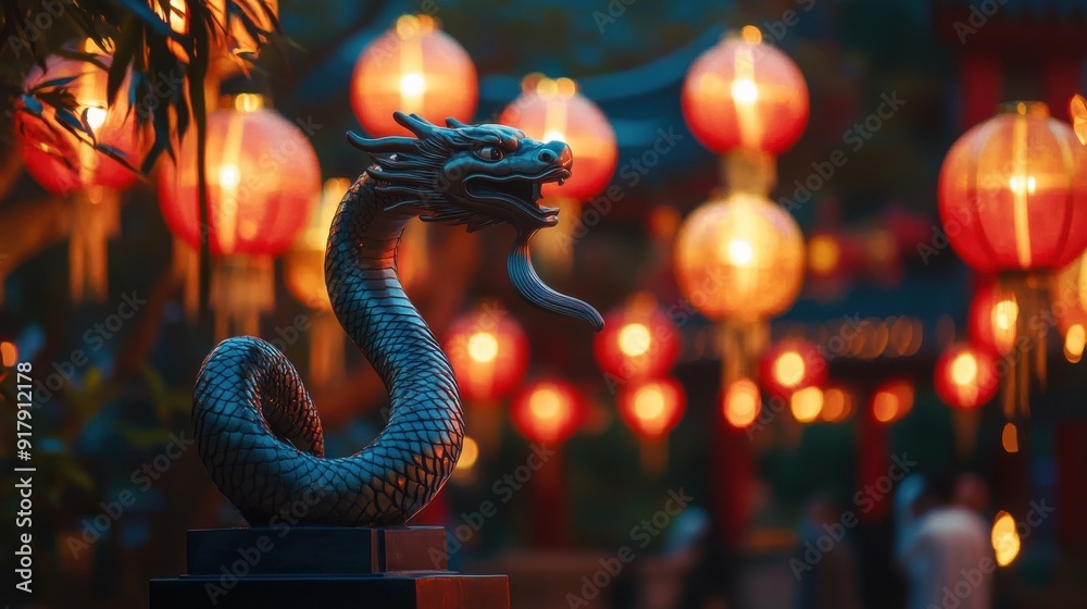 Statue of a snake and Chinese lanterns. Celebration of the Chinese New Year, 2025 year of the Snake Statue of a snake and Chinese lanterns. Celebration of the Chinese New Year, 2025 year of the Snake