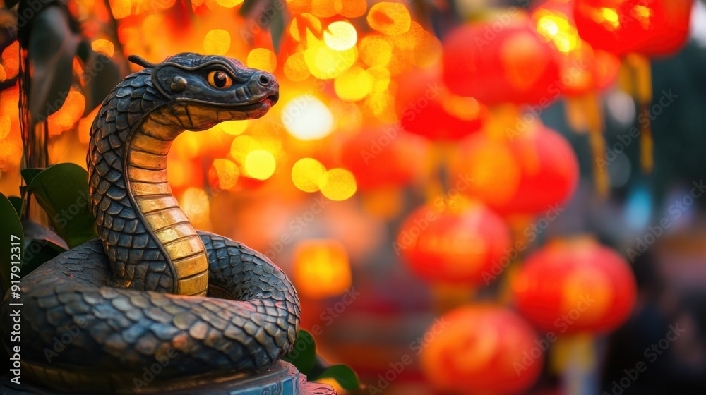 Statue of a snake and Chinese lanterns. Celebration of the Chinese New Year, 2025 year of the Snake Statue of a snake and Chinese lanterns. Celebration of the Chinese New Year, 2025 year of the Snake