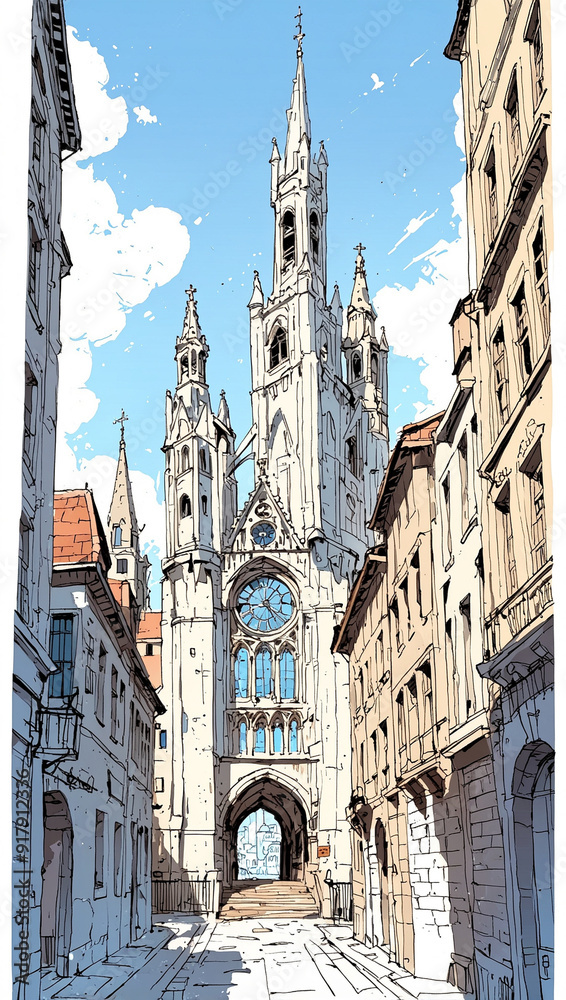 Obraz premium towering city buildings anime style, AI generated illustration 18