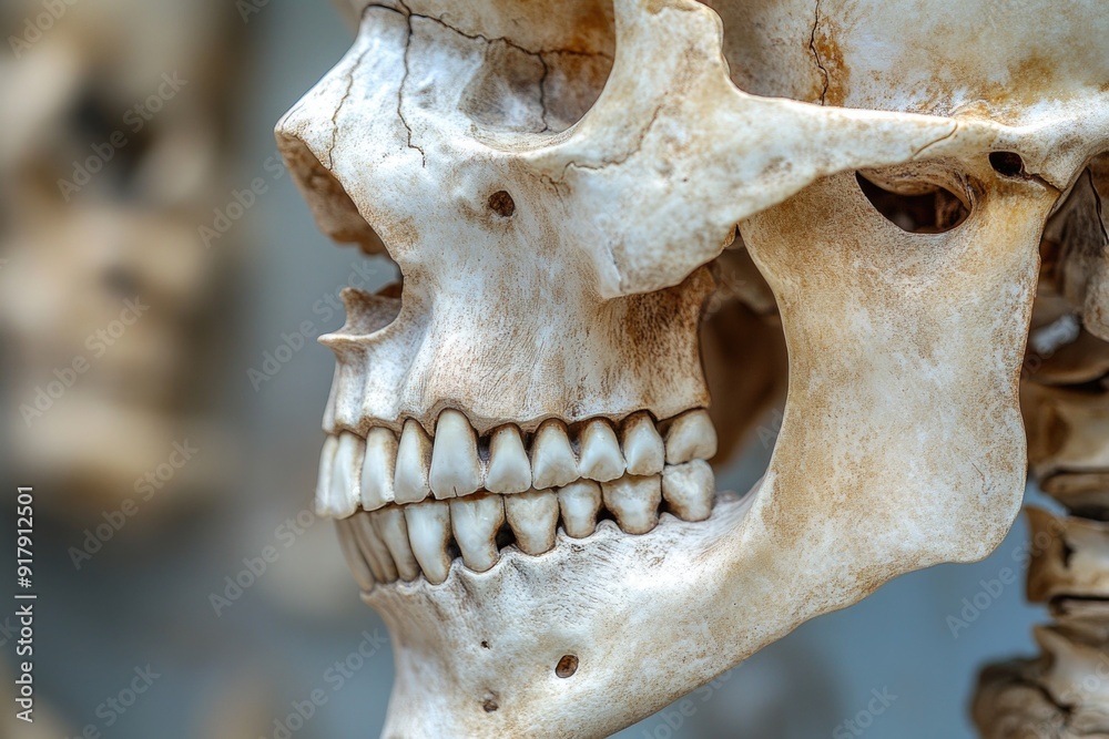 Detailed Close-Up of Human Skull Showing Facial Bones and Jaw Anatomy Detailed Close-Up of Human Skull Showing Facial Bones and Jaw Anatomy