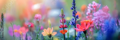 Vibrant Wildflowers in a Meadow with Soft Bokeh Background - A captivating image of a wildflower meadow, showcasing a variety of colorful blooms, symbolizing nature's beauty, growth, diversity, and th