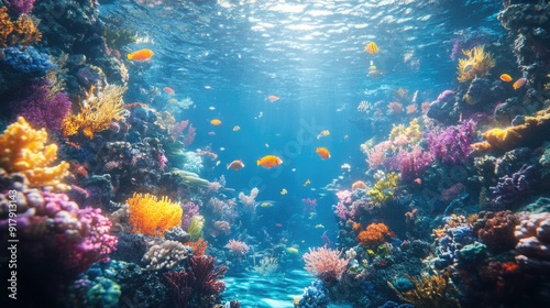 Bright and Colorful Underwater World with Playful Sea Creatures and Lush Coral Reefs