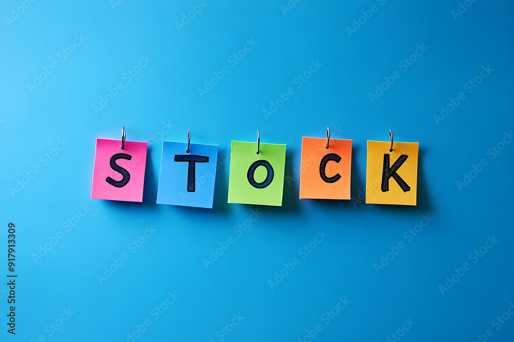 Obraz premium Colorful sticky notes spelling out 'STOCK' against a vibrant blue background, perfect for business and marketing themes.