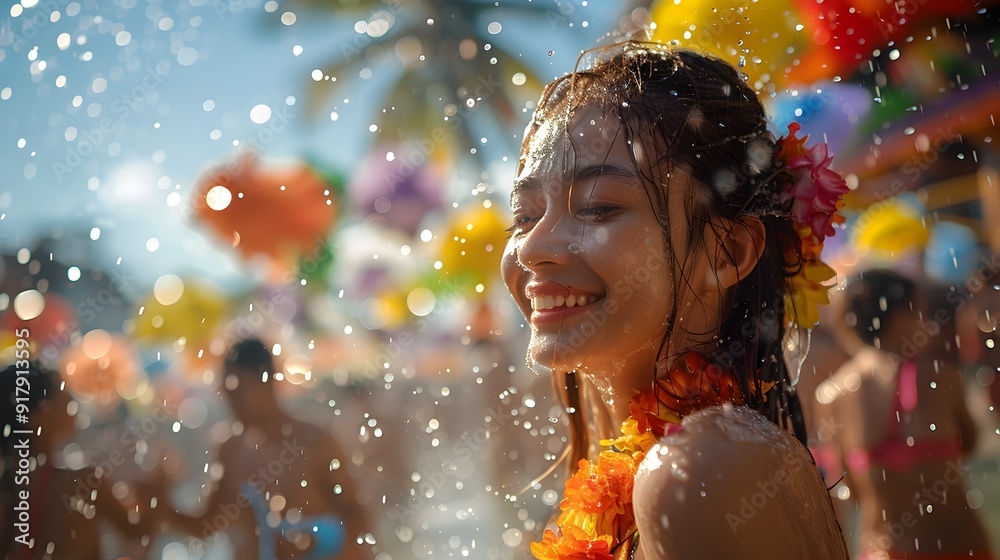 Vibrant Thai New Year with Colorful Festivities and Joyful Water Splashing Crowds Vibrant Thai New Year with Colorful Festivities and Joyful Water Splashing Crowds
