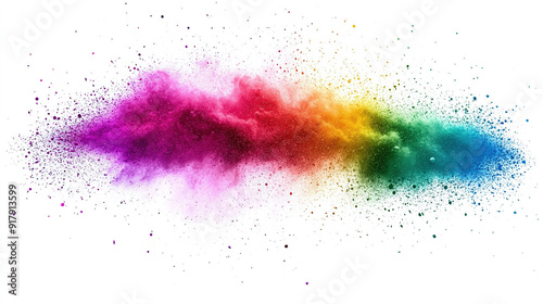 Rainbow Colored Powder Explosion on White Background, Colorful Dust Splash with Copy Space Banner for Creative Design Concepts