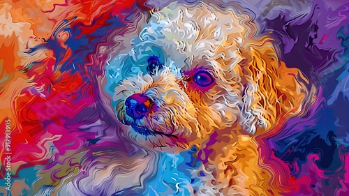 Abstract colorful digital painted of mini poodle dog on vibrant background photo