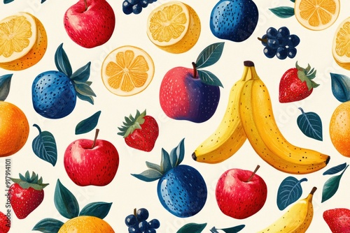 Vibrant Fruit Medley Pattern - Cheerful Background of Apples, Bananas, Strawberries | Colorful Healthy Diet Design