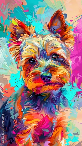 Abstract colorful digital painted of Yorkshire Terrier dog on vibrant background photo