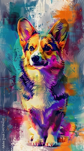 Abstract colorful digital painted of corgi dog on vibrant background photo