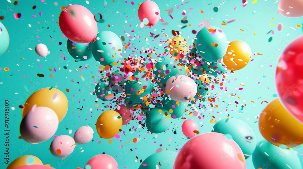 Colorful balloons and confetti, festive atmosphere, side view, representing celebration, advanced tone, Vivid Colorful balloons and confetti, festive atmosphere, side view, representing celebration, advanced tone, Vivid