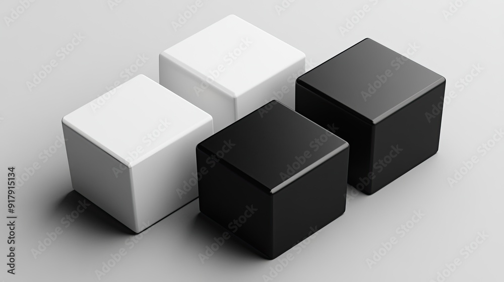 Four Cubes, Two Black and Two White, Against Grey Background. Four Cubes, Two Black and Two White, Against Grey Background.