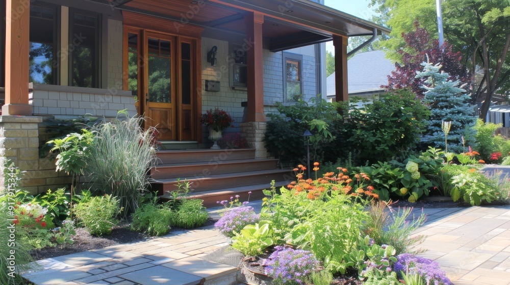 Obraz premium Welcoming Suburban Home Entrance with Lush Landscaping