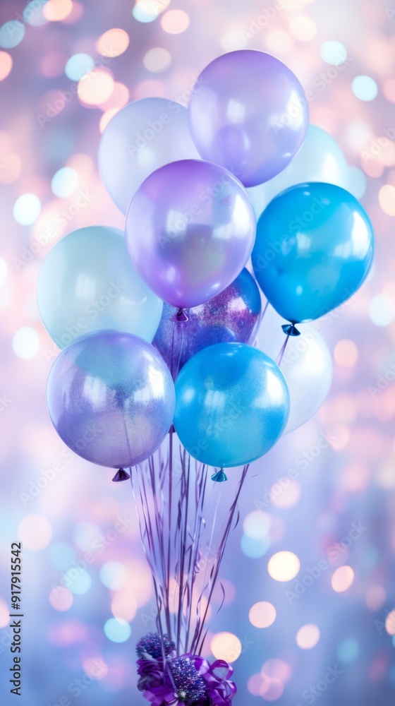 Festive Blue and Purple Balloons with Sparkling Bokeh Background Festive Blue and Purple Balloons with Sparkling Bokeh Background