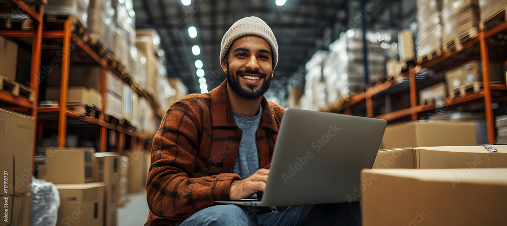 A smiling man working on a laptop in a warehouse filled with boxes, showcasing productivity and a positive work environment. A smiling man working on a laptop in a warehouse filled with boxes, showcasing productivity and a positive work environment.
