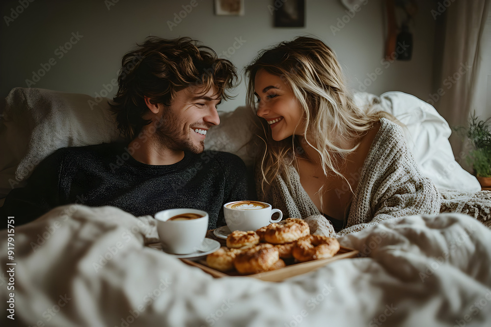 Obraz premium Cozy couple enjoying breakfast in bed with coffee and pastries, sharing laughter and love in a warm, intimate setting.