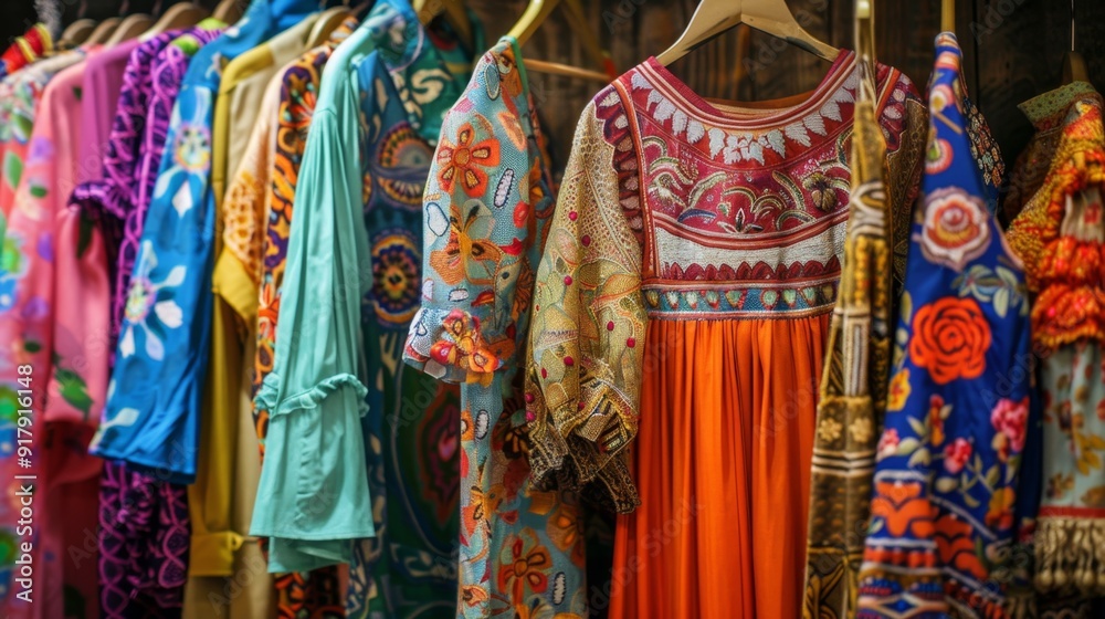 Fototapeta premium Vibrant Clothing Rack Display in Boutique Shop