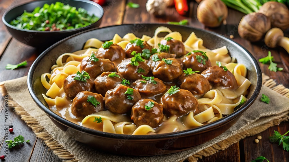 Savory Swedish meatballs served in a rich Demi-Glace sauce, garnished with fresh parsley and accompanied by a side of creamy egg noodles. Savory Swedish meatballs served in a rich Demi-Glace sauce, garnished with fresh parsley and accompanied by a side of creamy egg noodles.