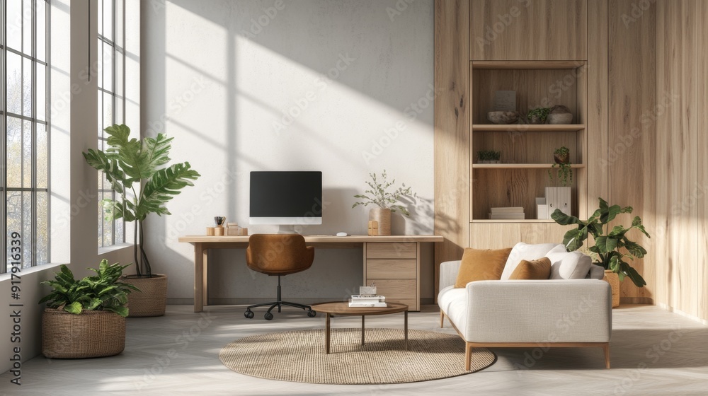 Fototapeta premium Modern Urban Living Room with City View and Natural Light