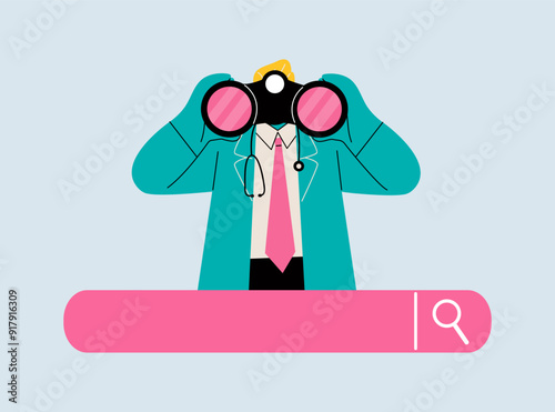 Male doctor looks through a binoculars on a search. Searching, finding, web surfing, looking for opportunities concept. Colored flat vector illustration