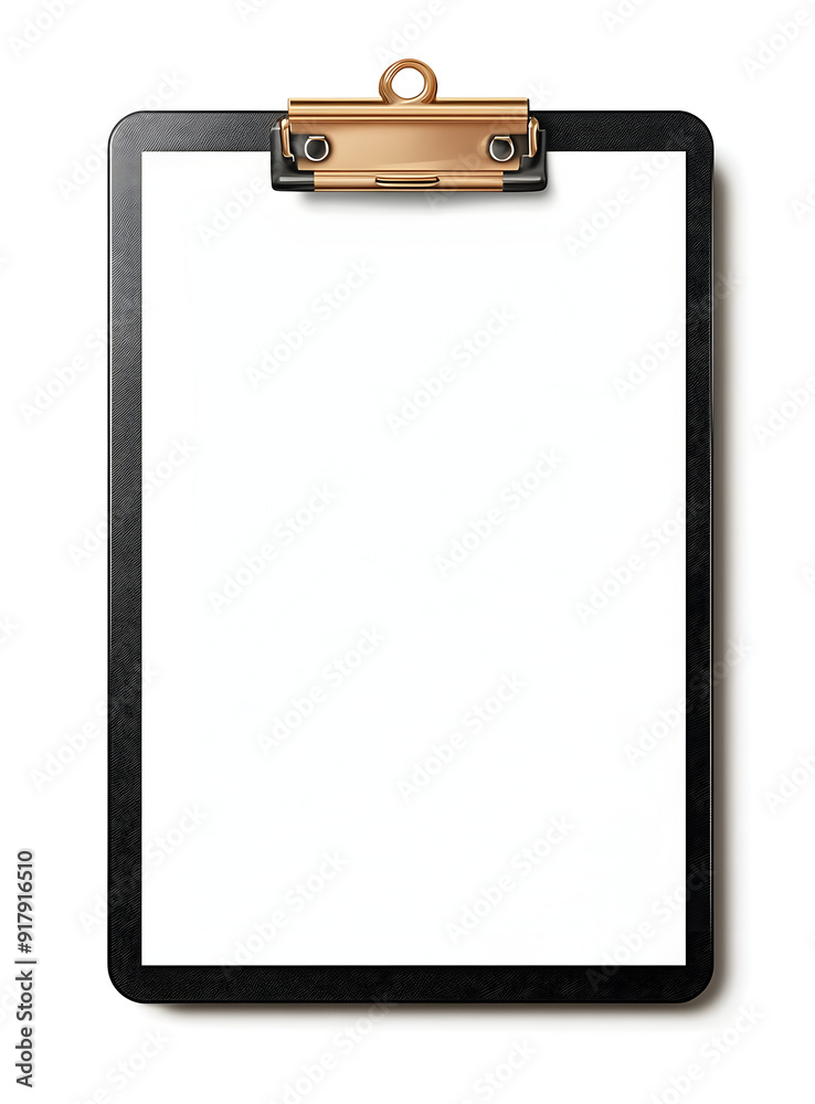 A blank clipboard with a gold clip, ideal for presentations and holding documents in a professional setting. A blank clipboard with a gold clip, ideal for presentations and holding documents in a professional setting.