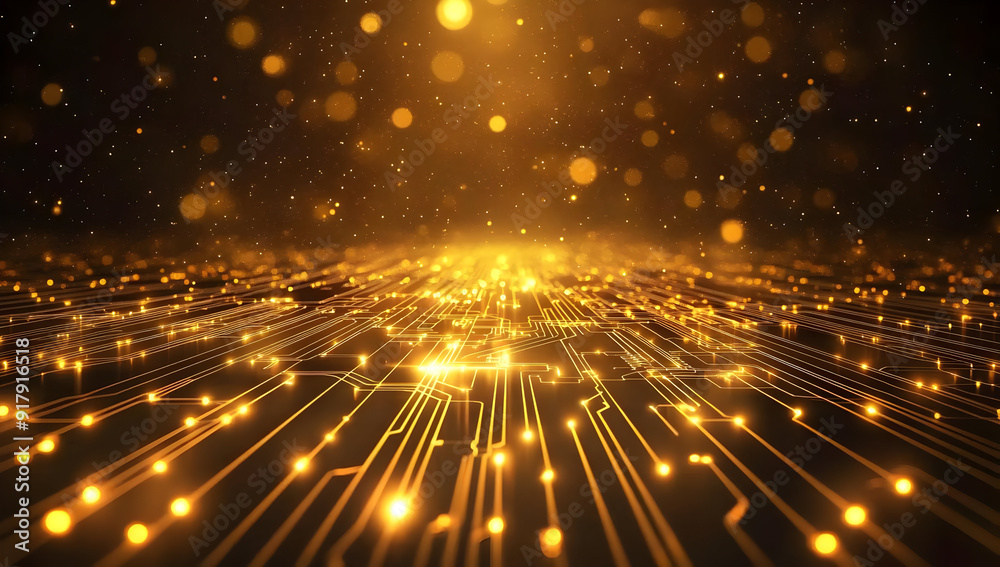 Obraz premium Beautiful digital background featuring golden lights and glowing lines, perfect for technology and innovation themes.