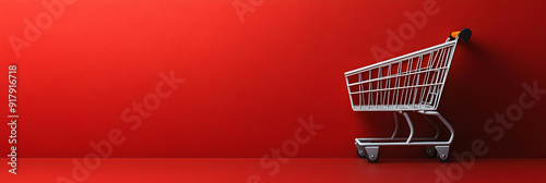 A shopping cart against a vibrant red background, perfect for e-commerce and retail themes. photo