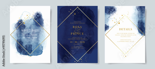 Watercolor navy wedding invitation card template with gold decoration