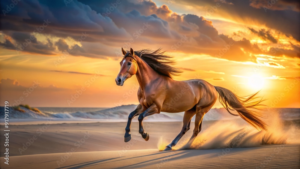 Serene majestic horse gallops freely along a tranquil desert beach at sunset, with wind-blown mane and tail, surrounded by endless soft golden sand dunes. Serene majestic horse gallops freely along a tranquil desert beach at sunset, with wind-blown mane and tail, surrounded by endless soft golden sand dunes.