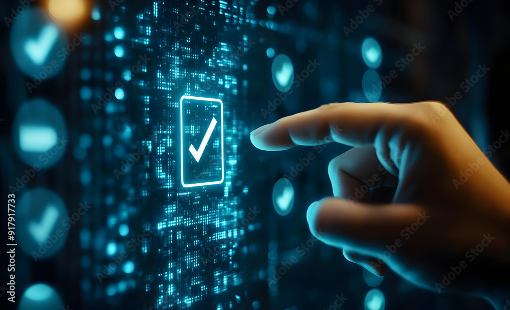 A hand interacting with digital technology, selecting a confirmation button on a glowing touchscreen interface. A hand interacting with digital technology, selecting a confirmation button on a glowing touchscreen interface.