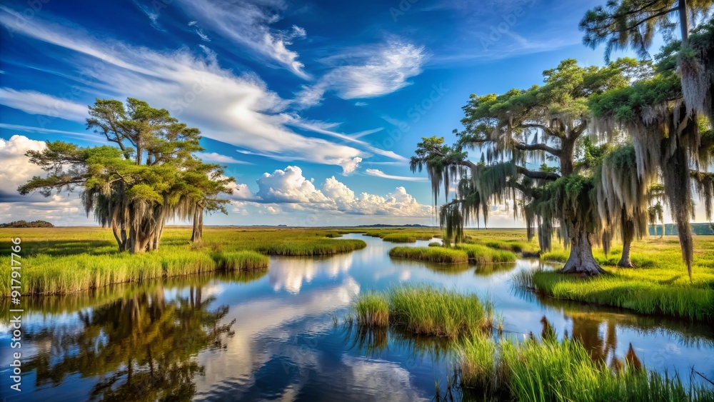 Fototapeta premium Serene marshlands stretch towards the horizon under a vibrant blue sky, with twisted cypress trees and wispy Spanish moss framing the tranquil Lowcountry landscape.