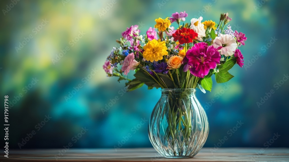 A vibrant bouquet of colorful flowers in a clear glass vase against a blurred natural background. A vibrant bouquet of colorful flowers in a clear glass vase against a blurred natural background.