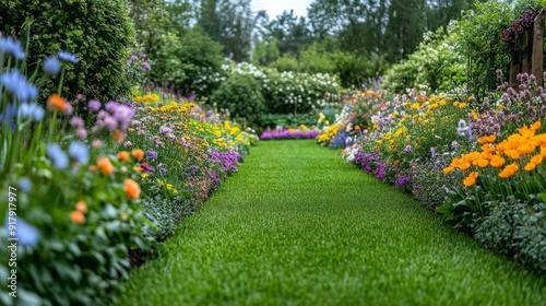 Fototapeta Naklejka Na Ścianę i Meble -  Vibrant Garden Pathway Flanked by Colorful Flowers