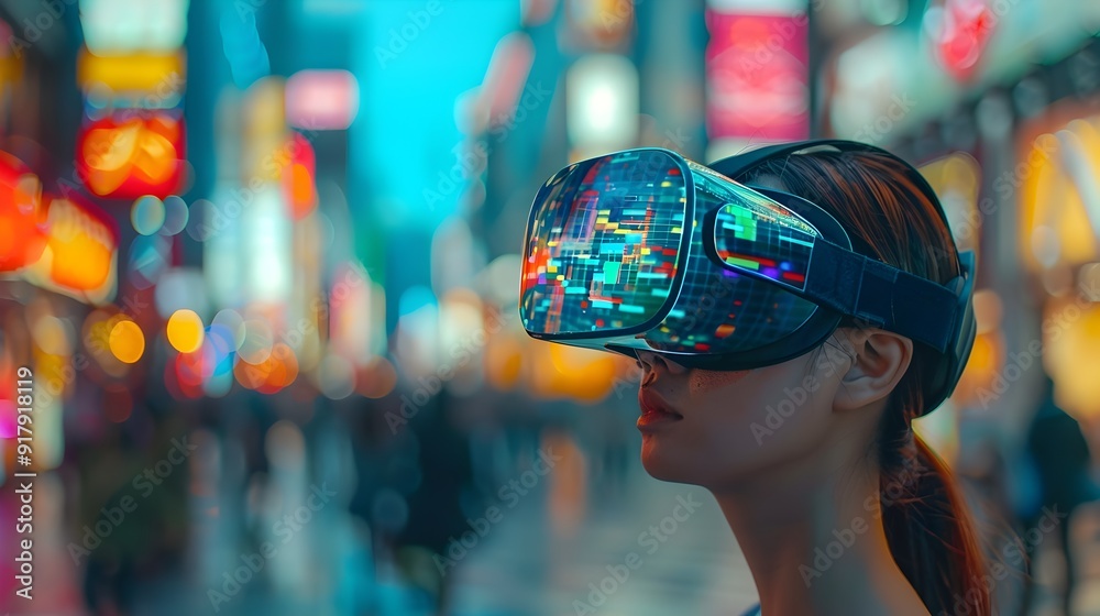 Virtual Reality Headset with Augmented Reality Overlay in Bustling City Virtual Reality Headset with Augmented Reality Overlay in Bustling City