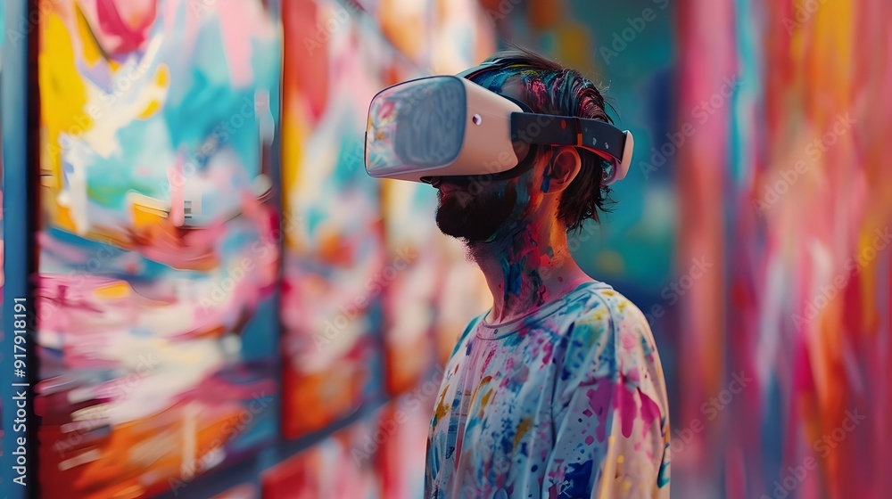 Obraz premium Using VR Headset to Create Vibrant 3D Digital Art in Creative Studio