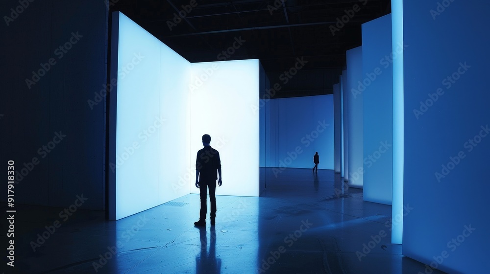 Silhouette of a man standing in a blue room with a glowing doorway. Silhouette of a man standing in a blue room with a glowing doorway.