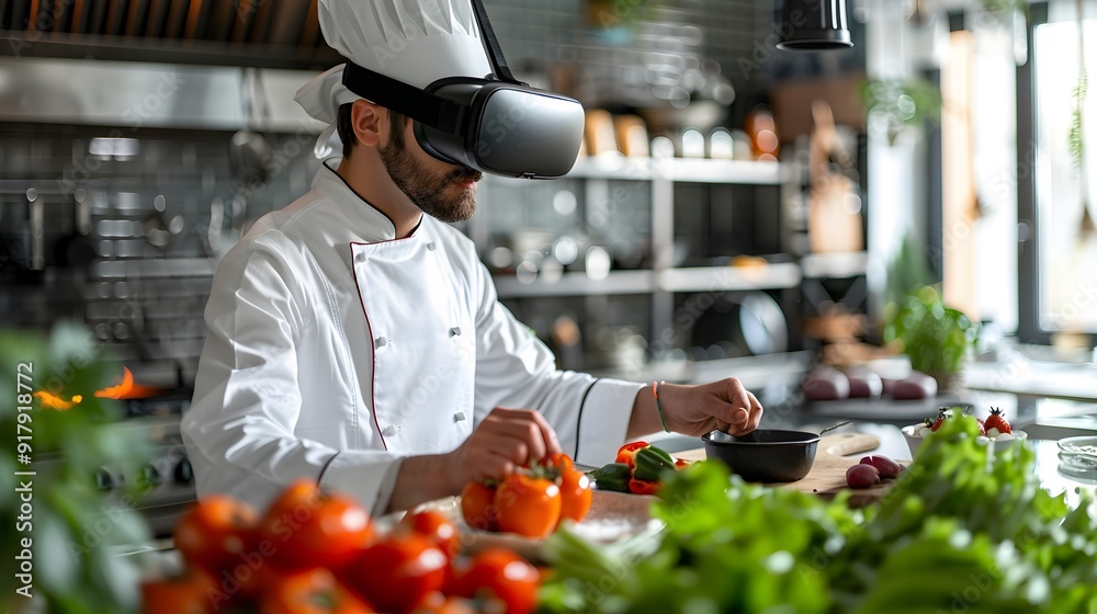 Chef Using Virtual Reality Headset to Visualize and Simulate Innovative Recipes and Cooking Processes Chef Using Virtual Reality Headset to Visualize and Simulate Innovative Recipes and Cooking Processes