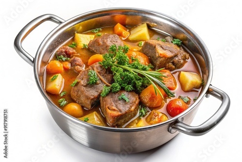 A large pot of stew with meat and vegetables